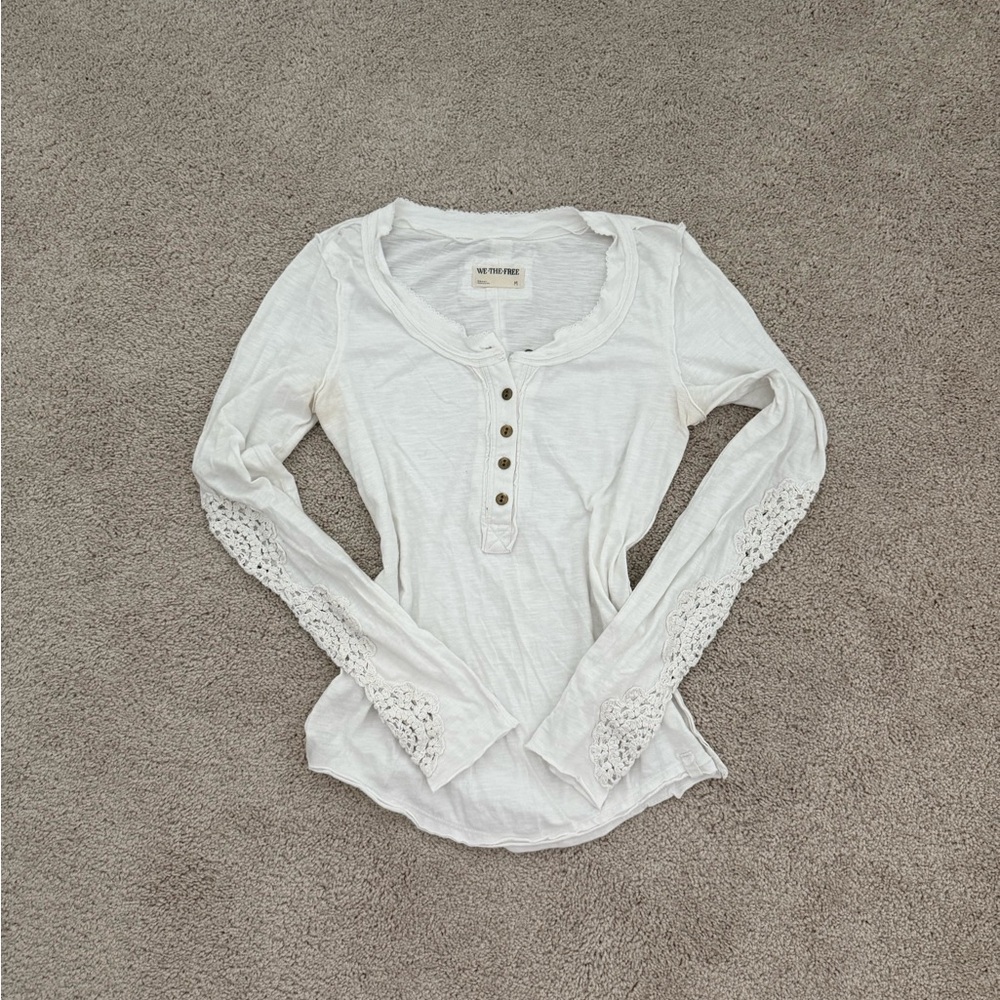 Free People White Long Sleeve Lace Top with Buttons